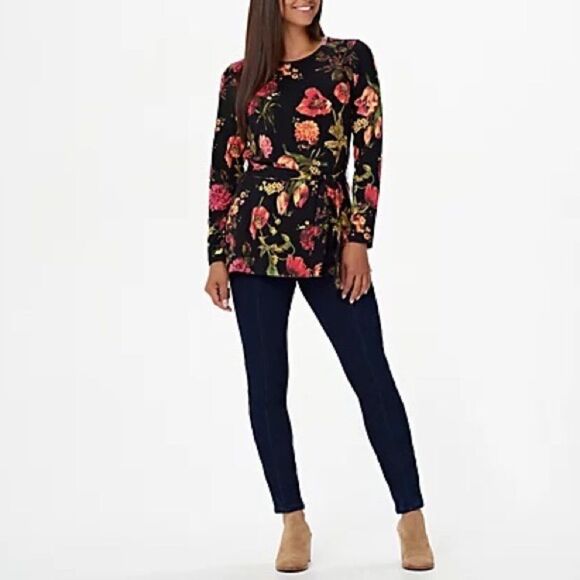 Denim & Co. Regular Printed Jersey Round Neck Tunic with Tie Waist - Picture 2 of 2